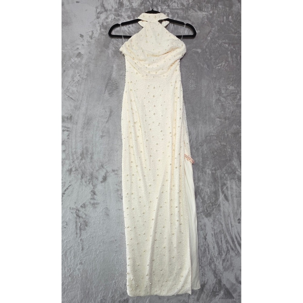 Oh Polly Pearl Embellished Halter Maxi Dress Cream Ivory Side Slit Size US 6 NEW